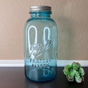 Antique 1920s Ball Perfect Mason Jar Blue Aqua Glass Old Canning Jar Farmhouse